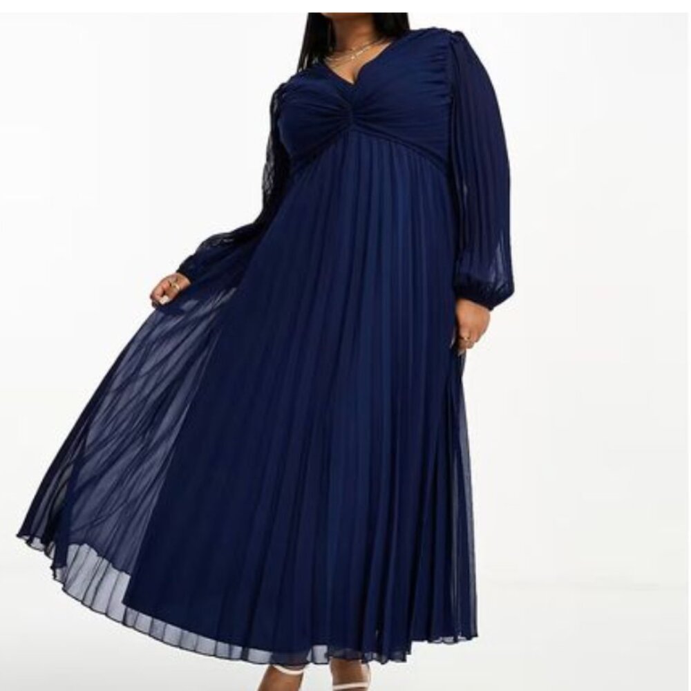 ASOS DESIGN Curve Pleated Bodice Plunge Midi Dress – Navy – Size 20 – EUC